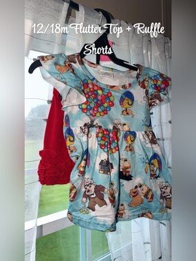 Kids Blue 'Up' Balloon Print Flutter Sleeve Top + Ruffle Shorts Set